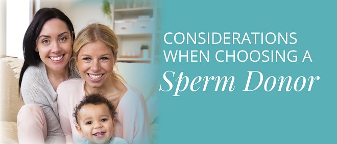 Lesbian couple with child and text reading "Choosing a sperm donor"