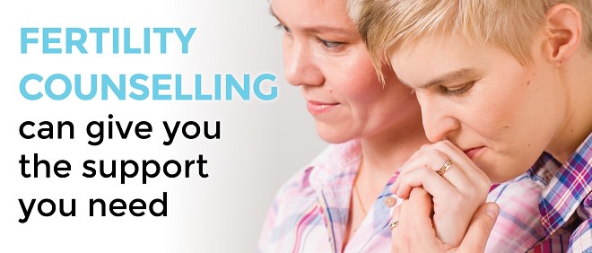 Lesbian couple. Text reading "Fertility Counselling can give you the support you need"